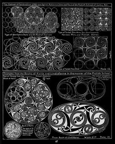 an old black and white poster with different designs on it's sides, including circles