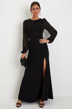 Black Maxi Dress - Cutout Maxi Dress - Black Long Sleeve Dress - Lulus Elegant Halloween Costume, Black Tie Wedding Guest Dress, Mermaid Maxi Dress, Maxi Skirt Style, Black Tie Wedding Guests, Backless Maxi Dress, Bouquet Toss, Formal Dresses Gowns, Mermaid Style