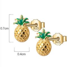 These cute pineapple stud earrings are made of solid 925 sterling silver, with great detailed in pineapple fruit shape, gold plated and enamel color decoration. Add these cute pineapple fruit stud earrings to your everyday fine jewelry collection or as gift for your love one. About sterling silver: Sterling silver is made of 92.5% silver and 7.5 % copper, it can be shine for a great time but in some cases, it does get tarnished faster, you can retrieve the shine of silver using a silver polishin Cute Pineapple, Gold Pineapple, Tiny Studs, Tiny Stud Earrings, Silver Jewelry Fashion, Jewelry Card, Gift For Girls, Fine Jewelry Collection, Organza Gift Bags