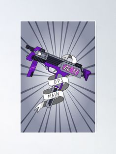 Poster featuring a digital illustration of a purple sub-machine gun, surrounded by a banner that says DPS Main. Artwork by Jessica Amber 2018. Borderlands Vending Machine, Sale Poster, Game Art, Maine, Clock, Decorative Items