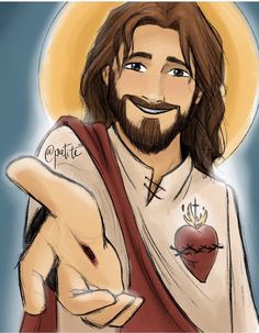 a drawing of jesus pointing to the right with his hand and heart on his chest