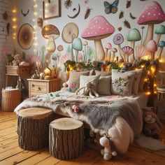 a bedroom decorated with mushrooms and fairy lights