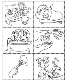 four pictures showing different activities for children to do in the bath room, including brushing their teeth