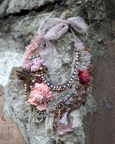 RESERVED Frozen roses bohemian shabby chic by FleursBoheme on Etsy Vintage Assemblage Necklace, Orchid Necklace, Romantic Necklace, Vintage Assemblage, Long Statement Necklace, Fairy Necklace