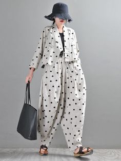 Style: Elegant Material: Linen Pattern: Polka Dot Length: Full Length Decoration: Embroidery Closure Type: Elastic Silhouette: Harem Gender: Female Season: Spring/Fall #linen #polkadot #customized #flax Customized Pants, Polka Dot Suit, Bloomer Pants, Trendy Cotton Tops, Linen Harem Pants, Jacket Embroidery, Pant Suits For Women, Elephant Pants