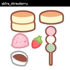 an assortment of food items including cake, ice cream and strawberries on a stick