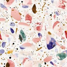 an abstract painting with lots of different colors and shapes on white paper, including dots