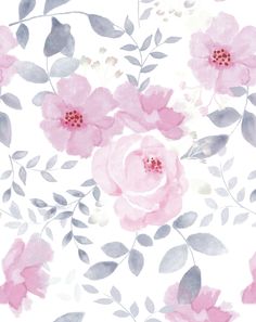 watercolor painting of pink flowers and leaves on a white background with grey foliages