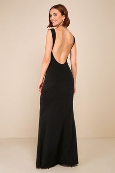 Black Backless Gown - Slinky Knit Gown - Cowl Neck Maxi Dress - Lulus Black Formal Dress Lulus, Backless Drape Dress, Backless Long Black Dress, Elegant Open Back Dress, Back Of The Dress Ideas, Cute Backless Dress, Prom Open Back Dresses, Backless Mini Dress Classy, Black Full Length Dress