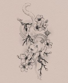 a drawing of flowers and an animal's head