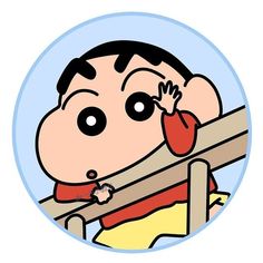 an image of a cartoon boy looking over the fence with his hand on his face