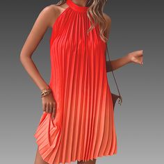 *Nwt* Sm Orange Ombr Sleeveless Dress Chic Orange Halter Neck Sleeveless Dress, Pleated Sleeveless Mini Dress For Spring, Summer Pleated Mini Sleeveless Dress, Spring Sleeveless Pleated Mini Dress, Pleated Mini Sleeveless Dress For Summer, Sleeveless Pleated Mini Dress For Spring, Pleated Sleeveless Dress For Date Night, Sleeveless Pleated Halter Dress For The Beach, Pleated Sleeveless Halter Dress For Spring