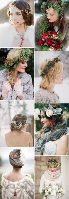 many different pictures of women with flowers in their hair and wearing sweaters, scarves