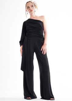 Evening One Shoulder Top With Asymmetrical Neckline In Elastane, Versatile One Shoulder Top For Evening, Stretch Asymmetrical Bottoms For Evening, Chic Asymmetrical Stretch Pants, Blouse And Palazzo, Draped Blouse, Black Drapes, Matching Outfit, Jersey Pants