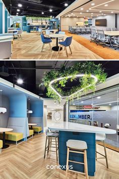 two pictures of an office with desks, chairs and plants on the walls in different stages of development