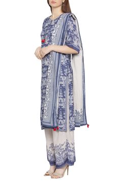 Blue overall print detailed kurta. Comes with white palazzo and dupatta. 
Components: 3
Neckline: Round 
Sleeve Length: Half 
Fabric: Muslin Slub
Color: Blue,White
Printed
Closure: Kurta: Front Buttoned Placket
Bordered Dupatta - Aza Fashions Kurta And Palazzo, Palazzo Set, Set For Women, Aza Fashion, Kimono Top, Blue White, Overalls, Color Blue, Blue And White