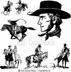 an old black and white cowboy riding on horseback with his horse in various poses, from the