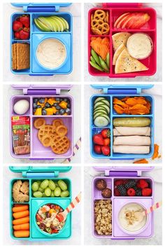 four different lunch boxes filled with food including fruit, crackers and pretzels