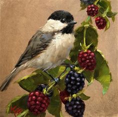 a painting of a bird sitting on a branch with berries