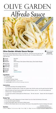 the recipe for olive garden alfredo sauce is shown on this page, and it's ready