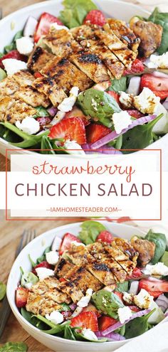 chicken salad with strawberries and feta cheese on top