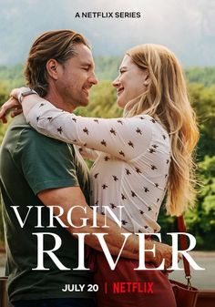 the poster for virgin river, starring actors from two different countries and features a man and woman embracing each other