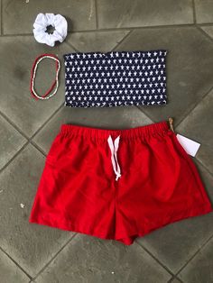 Bright Red Shorts. Great to wear for 4th of July. Super cute summer shorts. Super cute and really comfy shorts with a drawstring. Made from a cotton fabric with an elastic waist band and drawstring to tighten. Great gift for a birthday, holiday or even a treat for yourself. All of my shorts are made to order so if you have a special request you can leave me a note with your order telling me your exact size specifications. If you don't see your size, if you need the shorts bigger or smaller just Summer Athletic Shorts With Elastic Waistband, Summer Cotton Athletic Shorts, Red Swimwear With Built-in Shorts, Summer Cotton Athletic Shorts For Poolside, Summer Athletic Shorts With Built-in Liner, Red Bottoms With Built-in Shorts For Poolside, Red Stretch Swim Trunks With Built-in Shorts, Red Swim Trunks With Built-in Shorts, Summer Beachwear Athletic Shorts With Elastic Waistband