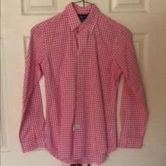 Never Worn Pink Checkered Shirt Preppy Cotton Fitted Shirt, Fitted Cotton Preppy Shirt, Pink Long Sleeve Preppy Shirt, Preppy Long Sleeve Shirt For Spring, White Fitted Preppy Shirt, Fitted Preppy White Shirt, Pink Checkered, Checkered Shirt, Ralph Lauren Shirt