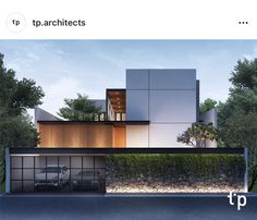 an artist's rendering of a modern house in the middle of trees and bushes