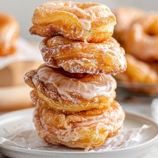 a stack of doughnuts sitting on top of a white plate