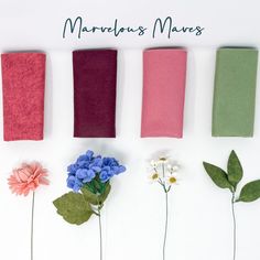 four different shades of pink, green, and blue flowers are arranged in the same row