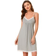 This mini nightgown has no Chest Pads. This stretchy pajamas dress for women is soft, lightweight, breathable and comfortable to wear as. This dress designed with solid color and v-neck with lace makes the sleepwear beautiful, and you have different color choice to match it with your heart. No matter the cozy bedtime, casual home relax, laze afternoon, comfy bath, the soft and lightweight women's nightdress could company with you all the time. It's good choice to be a perfect gift for your mom, Loungewear Dress, One Piece Clothing, Lace Nightgown, Pajama Dress, Night Dress For Women, Casual Home, Nightgowns For Women, Lounge Dress, Sleep Dress