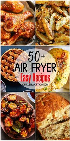 the cover of 50 air fryer easy recipes, including chicken and waffles