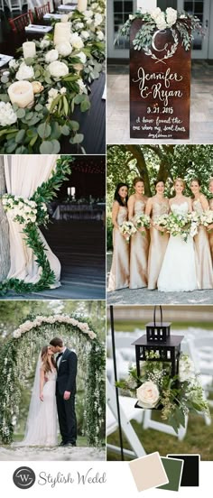 a collage of different wedding photos with flowers and greenery on the top, bottom left