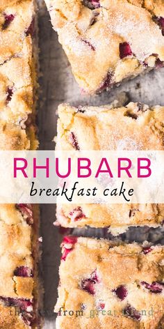 rhubarb breakfast cake is cut into squares and placed on a baking sheet