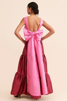 Rent Colorblock Bow Maxi Dress from Nuuly. Pick 6 items for $98/month. Free shipping + returns. Pink And Red Family Photo Outfits, Giant Bow Dress, Bright Wedding Guest Dress, Formal Summer Wedding Guest Dress, Garden Party Bridesmaid Dress, Rehearsal Dinner Dress For Guest, Cute Easter Dresses, Colorful Bridesmaid Dresses, Funky Formal