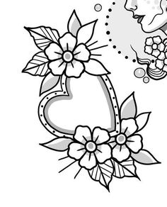 a heart with flowers on it and a butterfly in the sky above it, as well as