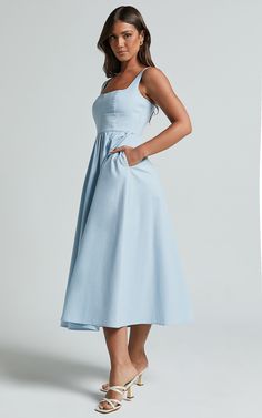 Cotton Fit And Flare A-line Dress, Light Blue Cotton Sundress Midi Dress, Cotton A-line Midi Dress For Garden Party, Cotton A-line Fit And Flare Midi Dress, Square Neck Fit And Flare Sundress, Fit And Flare Sundress With Square Neck, Spring Cotton Midi Dress Fit And Flare, Spring Cotton Midi Dress With Fit And Flare, Light Blue Cotton Midi Sundress