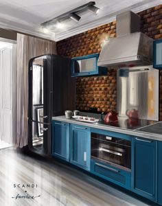 a painting of a kitchen with blue cabinets and appliances in front of a brick wall