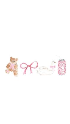 two teddy bears and a baby pacifier on a white background with pink ribbon tied around them