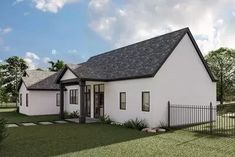 this is an artist's rendering of a house in the country style with white walls and black roof