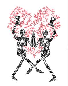 two skeletons holding hands in the shape of a heart