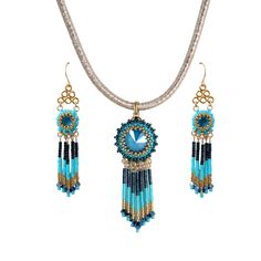 "I created this bead tassel earring by hand, using gold plated brass castings, Swarovski Rivoli 8mm, Swarovski pearls-3mm, Miyuki Delica beads, Miyuki round seed beads, and 14k goldfilled fringe and ear-wire * Measurements: Earring length: 2.75\" (7cm) Earring width: 0.40\" (1cm) * The earrings will come beautifully packaged for a gift. *Additional information on the matching necklace you can see here: https://www.etsy.com/il-en/listing/620123509/turquoise-and-gold-fringe-necklace-for * For othe Long Chain Earrings Gold, Gold Fringe Necklace, Blue Jewelry Set, Necklace Measurements, Gold Tassel Earrings, Boho Turquoise, Boho Chic Necklace, Beaded Tassel Necklace, Gold Fringe