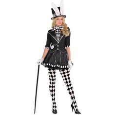 a woman dressed in a costume with rabbit ears and black and white checkered tights