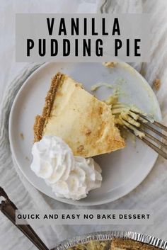 vanilla pudding pie on a plate with whipped cream