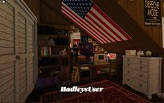 an american flag hanging from the side of a wooden wall next to a dresser and bookshelf