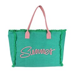 Sewn Rope 'Summer' Letter Fringed Canvas Tote Bag- Full Zipper Closure- Lined Body with Open Pocket- Approximately 17.5" W X 14"T X 5" D- 100% Polyester Fringe Tote Bag, Tech Jewelry, Classic White Shirt, Summer Tote, Loafer Slippers, Pink Cotton Candy, Beach Essentials, Summer Chic, Toiletry Bags