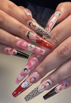 Low Rider Nails, Draculaura Nails, I Love Me Nails, Drawing On Nails, Betty Boop Nails, Lips Nail Art, Nails 2025, Beige Nails Design, Acrylic Nail Designs Coffin