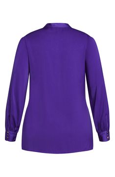 A tie accent at the neckline elevates this billowy long-sleeve top that easily takes you from the office to a dinner date. 31" length Split neck with ties Long sleeves with button-and-loop cuffs 100% polyester Hand wash, dry flat Imported Chic Long Sleeve Purple Blouse, Chic Purple Long Sleeve Blouse, Solid Color Tie Neck Tops For Fall, Solid Tie Neck Tops For Fall, Purple Long Sleeve Office Tops, Purple Long Sleeve Blouse For Work, Fitted Long Sleeve Top With Blouson Sleeves, Elegant Long Sleeve Purple Top, Formal Long Sleeve Tops With Blouson Sleeves