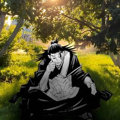 an anime character sitting in the grass with his hand on his face and one eye open